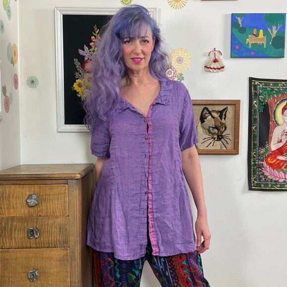 Flax (Jeanne Engelhart) Purple Linen Blouse, Swingy Short Sleeve Lavender Top L - Picture 10 of 10